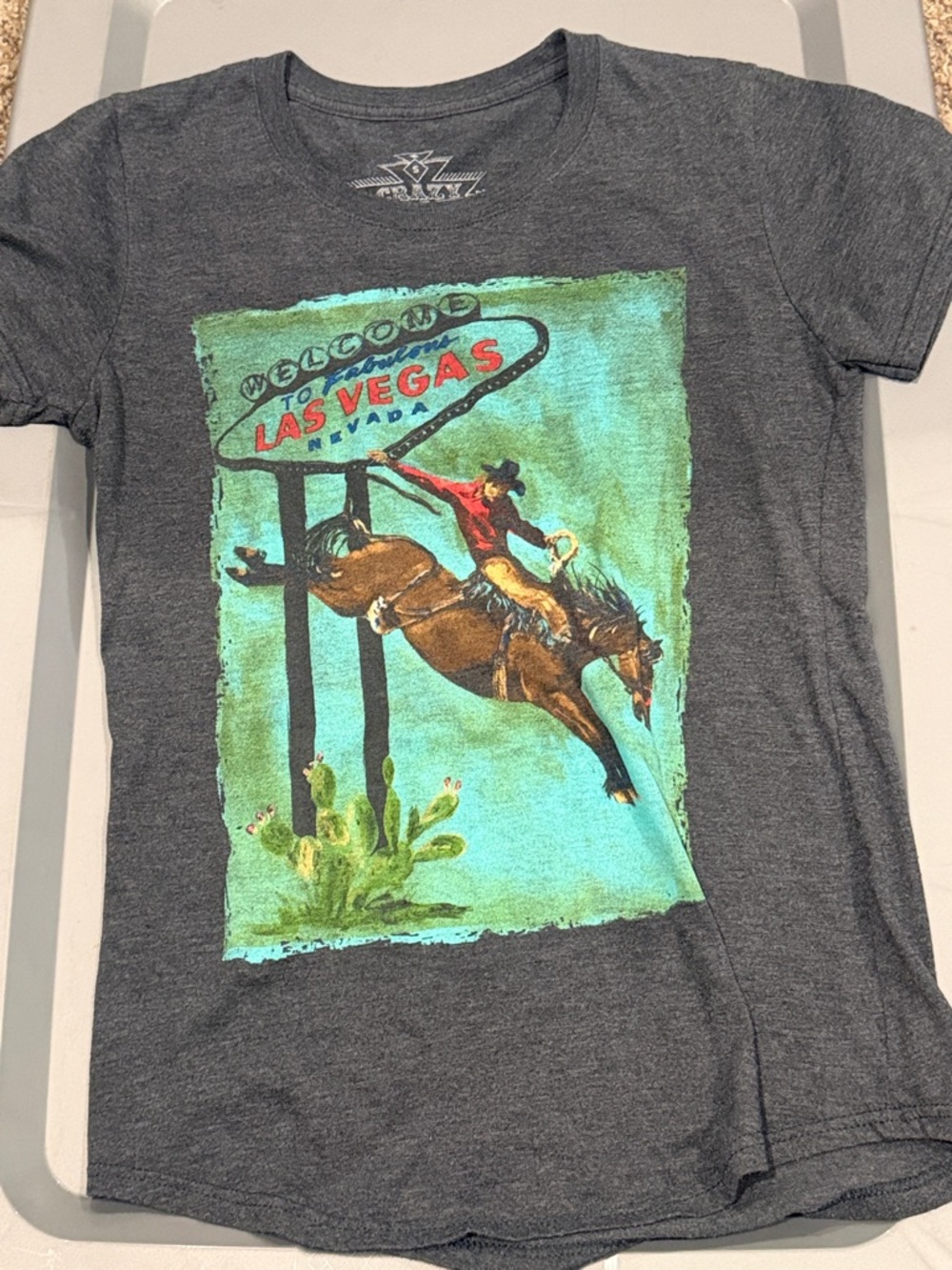 Crazy Train Dark Gray Tee with Turquoise & Red Rodeo Graphic